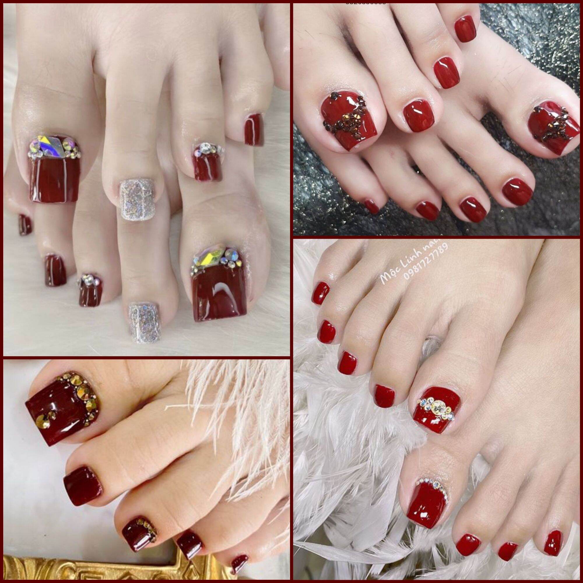 Móng chân giả đỏ cherry 6 mẫu AF01 tặng keo dán móng và dũa