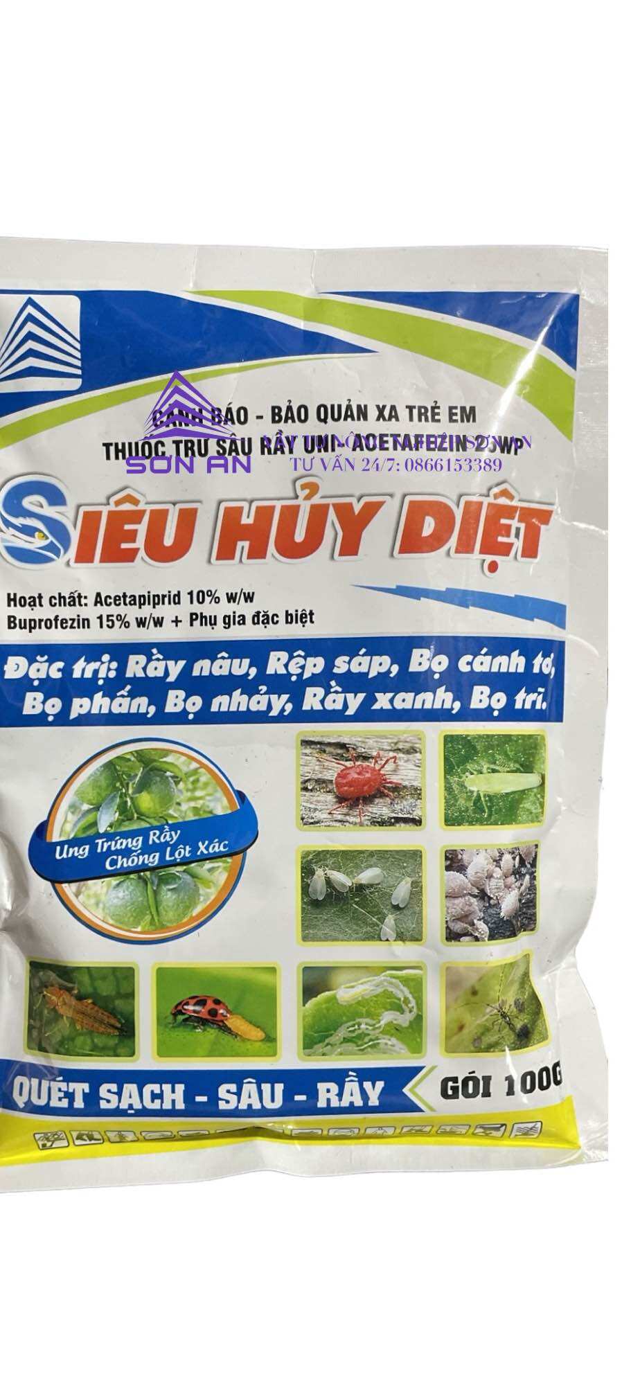 Thuốc trừ sâu Siêu Hủy Diệt  gói 100 gram, trừ bọ trĩ, rệp sáp, bọ cánh tơ, bọ phấn, bọ nhảy, rầy xanh, rầy nâu.