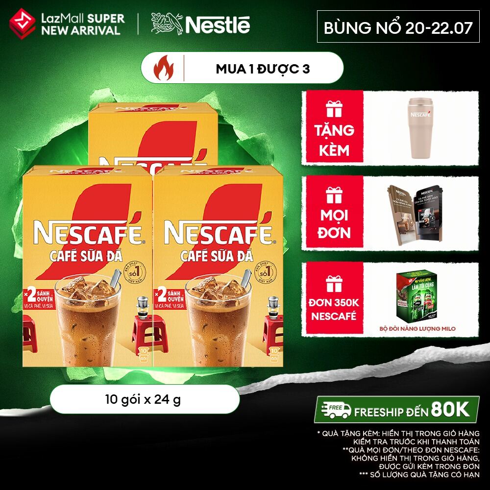 [ƯU ĐÃI THÁNG 7][FREESHIP TOÀN QUỐC] Combo 3 Hộp Cà phê Hòa tan NESCAFÉ CAFÉ SỮA ĐÁ 10 gói Nhân đôi sánh quyện
