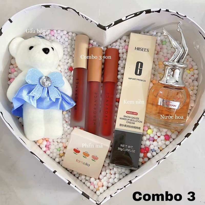 Hộp quà tặng ngày lễ, set quà kỉ niệm makeup gồm 3 son + nước hoa + phấn má + kem nền + gấu xinh