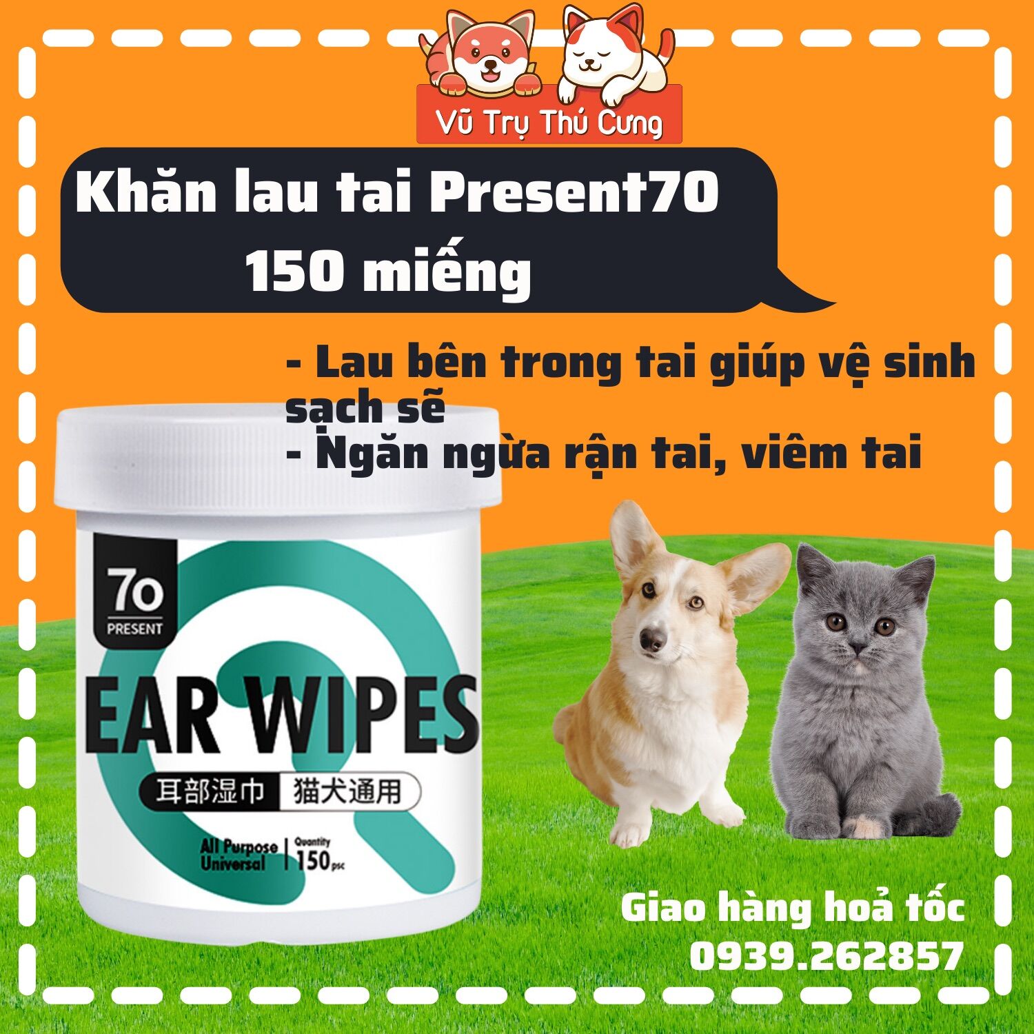 Khăn ướt kháng khuẩn, lau mắt, lau tai cho Chó mèo, khăn vệ sinh thú cưng 150 miếng