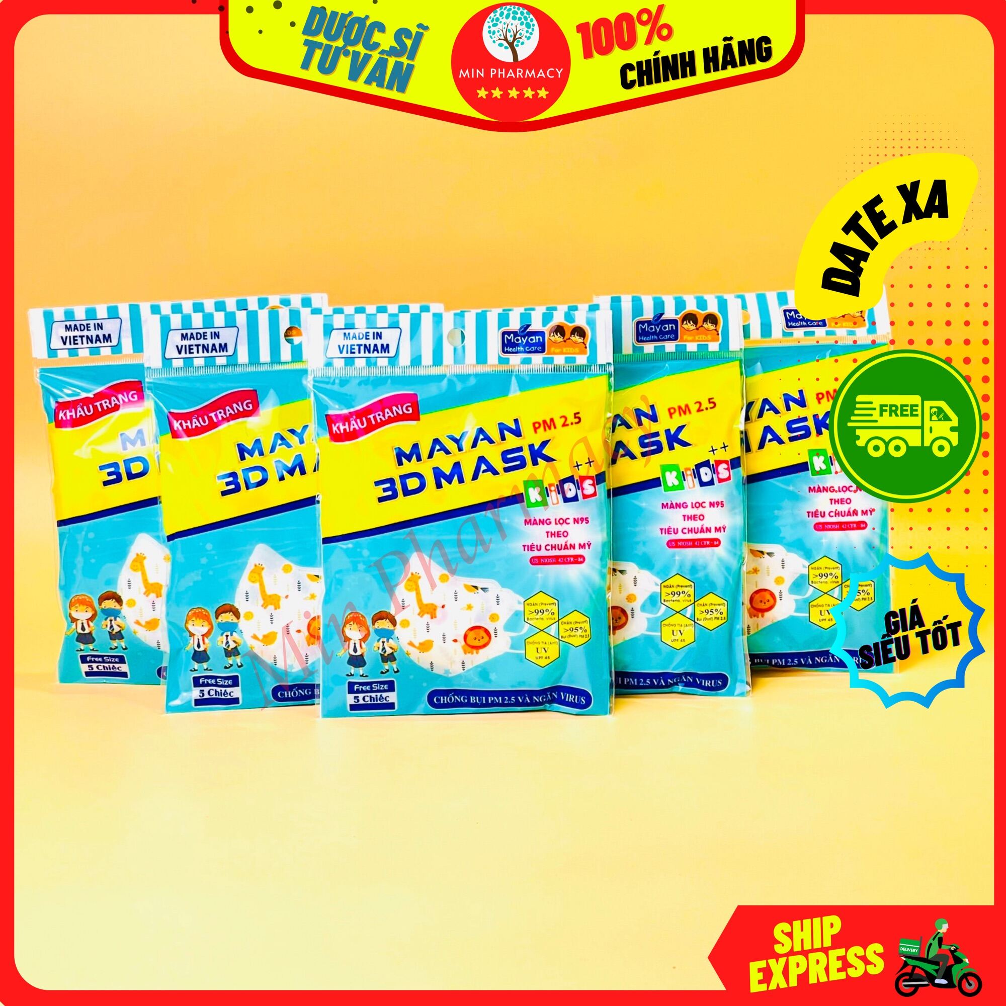 Khẩu Trang MAYAN 3D PM2.5 Kids++ cho trẻ em hoạ tiết hoạt tình dễ thương cho bé từ 3 đến 11 tuổi (túi 5 cái) - Minpharmacy