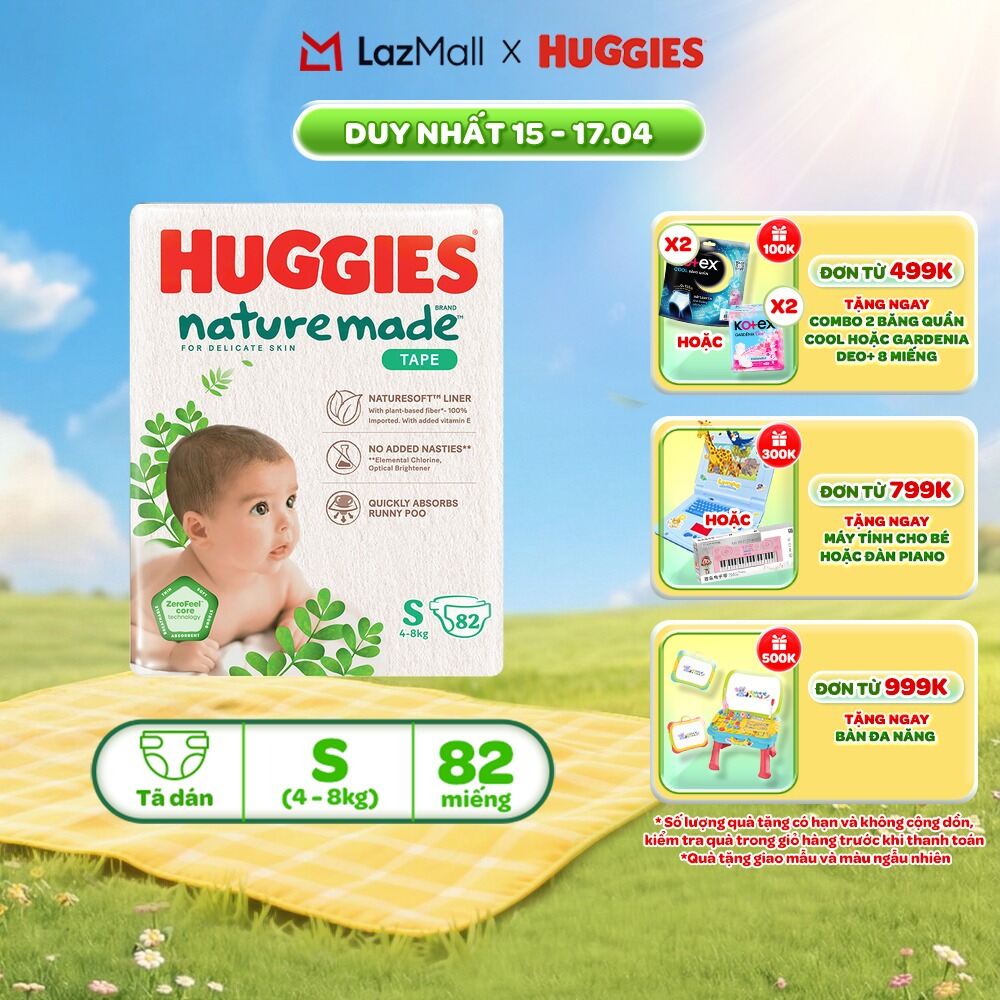 Tã/Bỉm dán sơ sinh Huggies NatureMade Super Jumbo NB60/S82