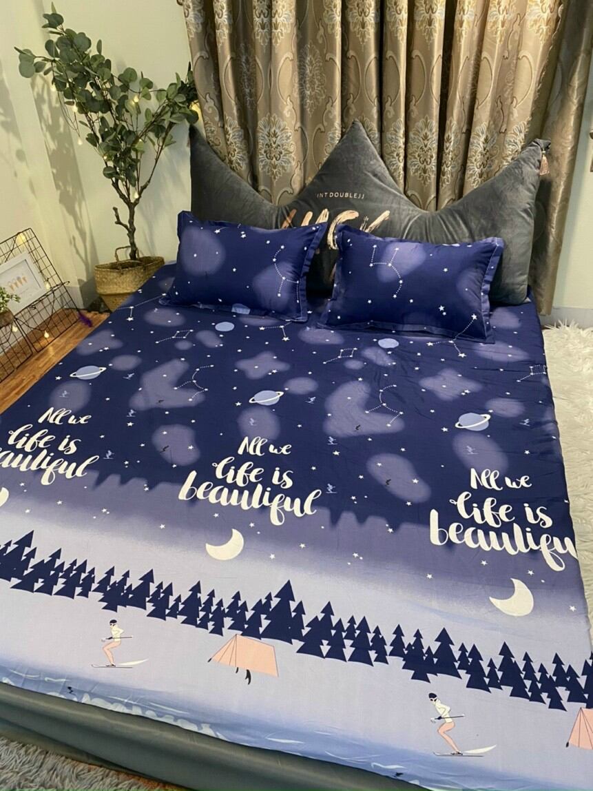 (com bo giá rẻ) chăn ga gối sét 5 món cotton poly mẫu mới gồm( 1 chăn hè trần bông+1 ga chun+2 vỏ gối+1 vỏ gối ôm)