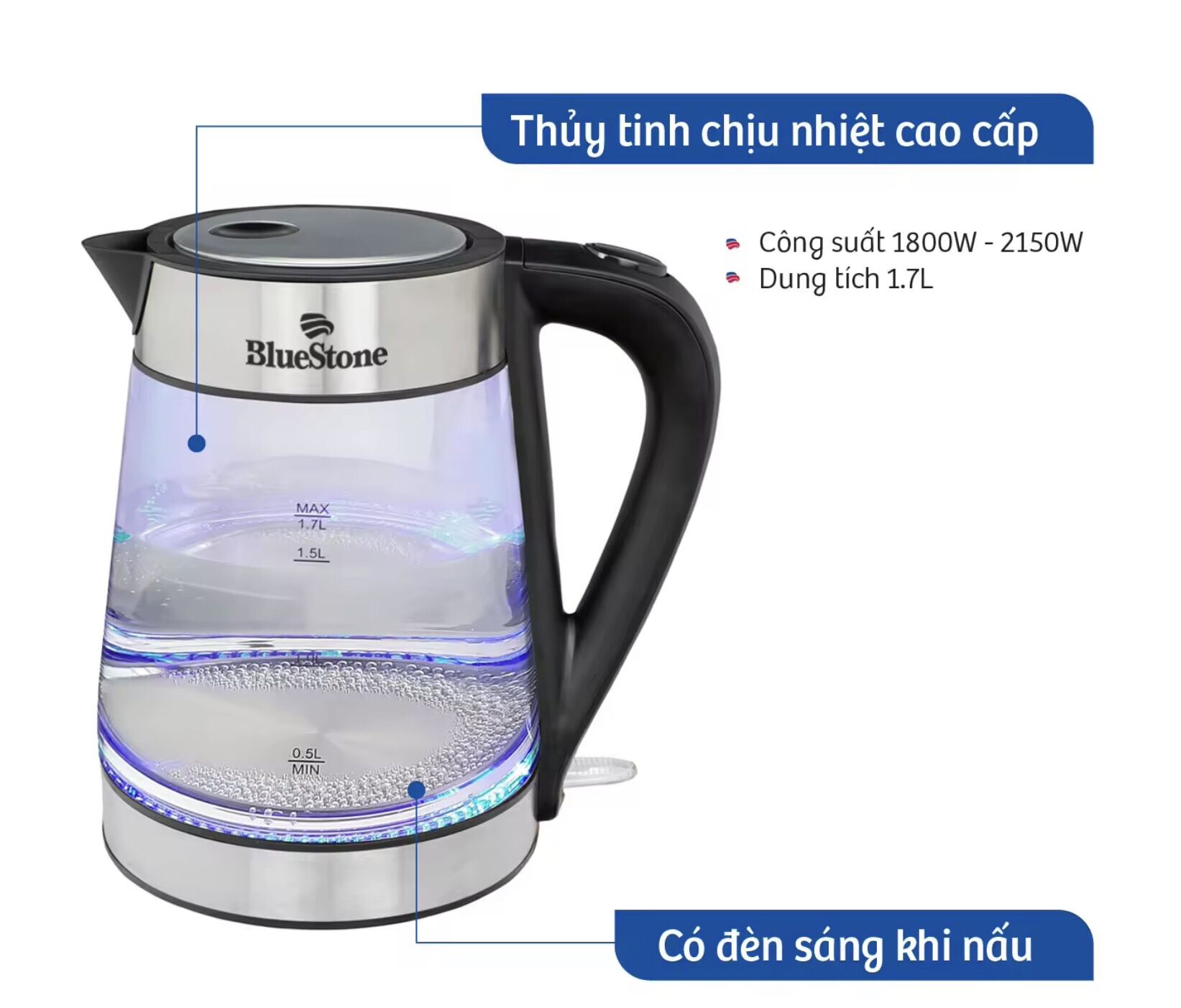 Ấm Đun Nước siêu tốc thủy tinh Bluestone KTB-3426 [ 1.7L ] 1800W [ tự ngắt điện khi nước sôi ]