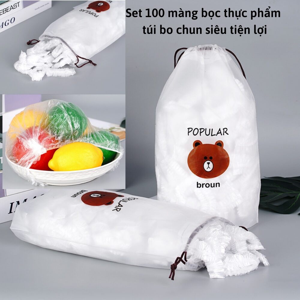 Combo 100 túi gấu màng bọc thức ăn có chun có giản