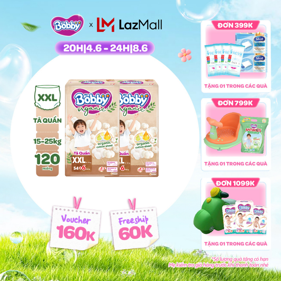 [QUÀ TẶNG HẤP DẪN TỪ 9-10.6][COMBO 2][TẶNG KÈM 6 MIẾNG] Tã quần cao cấp Bobby Organic chăm sóc dịu nhẹ từ thiên nhiên XXL54