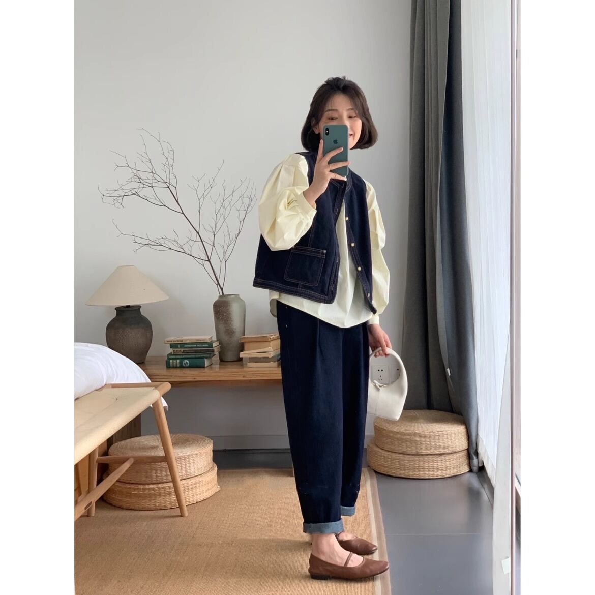 Retro Thiết Kế Denim  Áo Hai Dây Nữ Rộng Rãi Ngắn Cộc Tay Không Tay Áo Mùa Thu Kiểu Xếp Lớp Áo Khoác