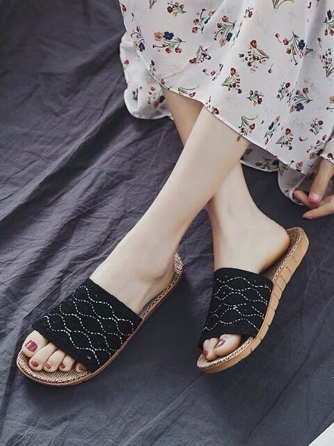 Dép cói quai ren style bánh bèo ( 3 màu)