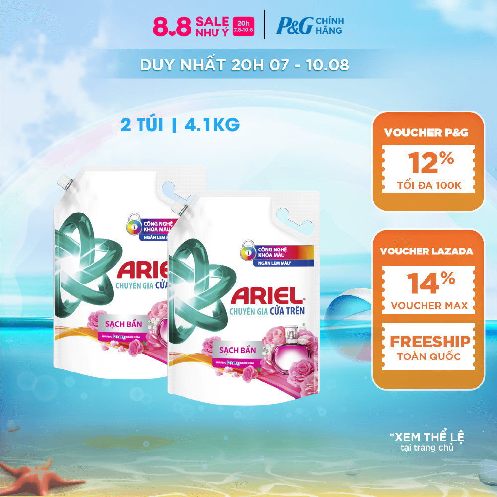 [Xu 17%] Combo 2 Nước Giặt Cửa Trên ARIEL Ngăn Lem Màu, Quần Áo Siêu Thơm Hương Downy Hương Nước Hoa Túi 4.1KG