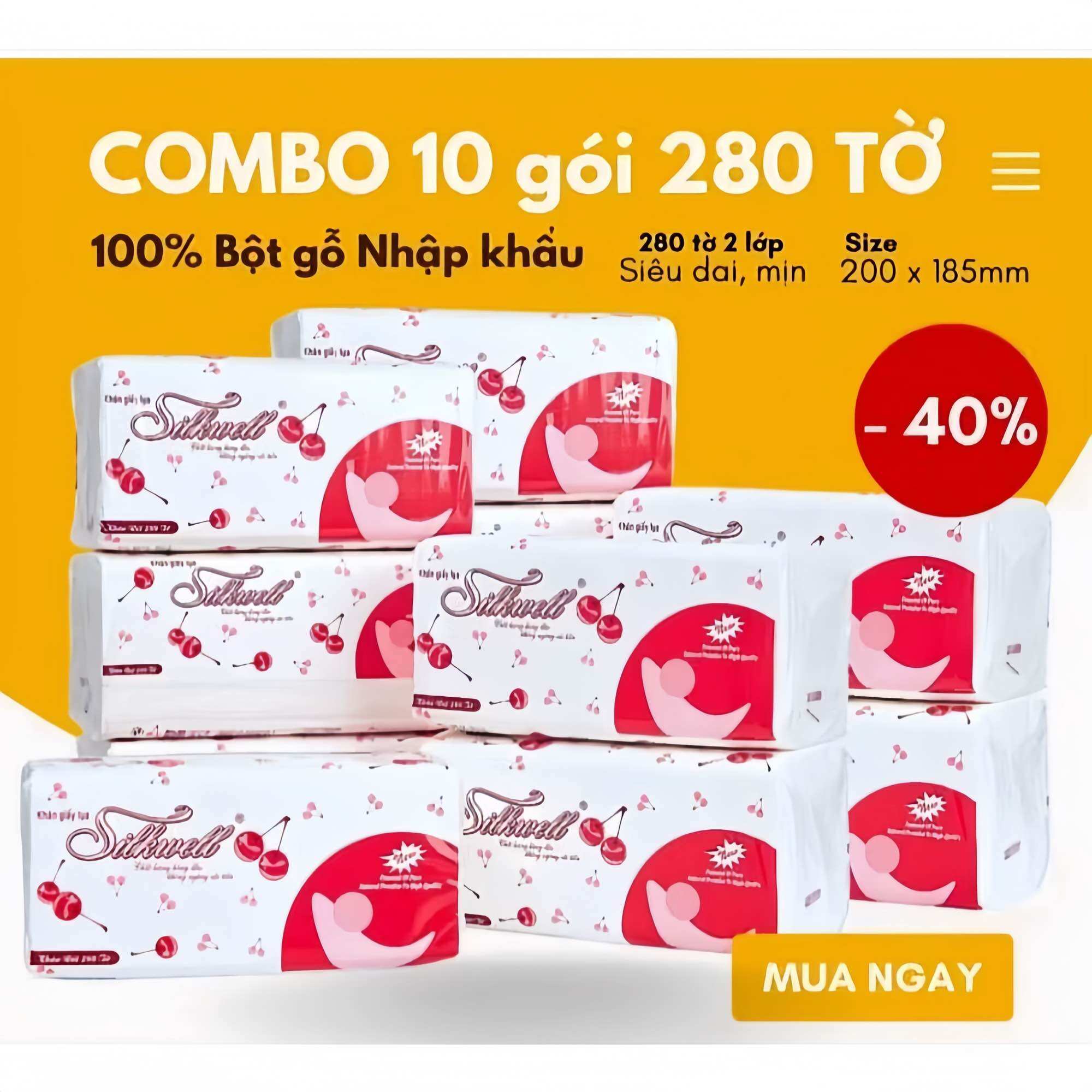 ( Combo 10 Gói ) Khăn giấy ăn rút lụa cao cấp Silkwell 280 tờ 2 lớp Cherry đỏ mềm mịn giấy rút
