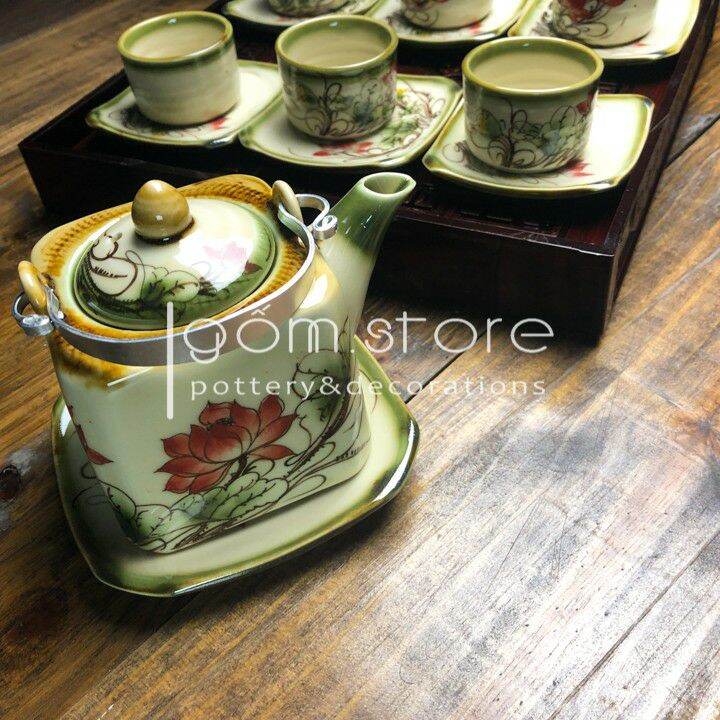 Bộ ấm chén dáng vuông vẽ sen men ngọc