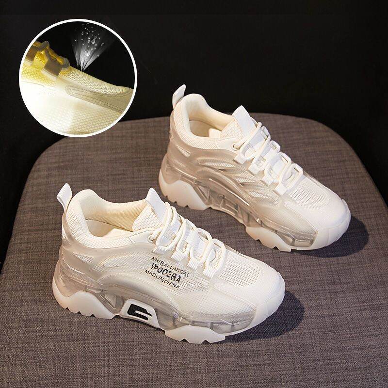 Giày Chunky Sneaker Đế Jelly Giày Nữ Cỡ Nhỏ Dễ Phối Thoáng Khí Mặt Lưới Thoáng Khí Mùa Hè Mẫu 2022 Cho Nữ Giày Trắng Tăng Chiều Cao Đế Dày