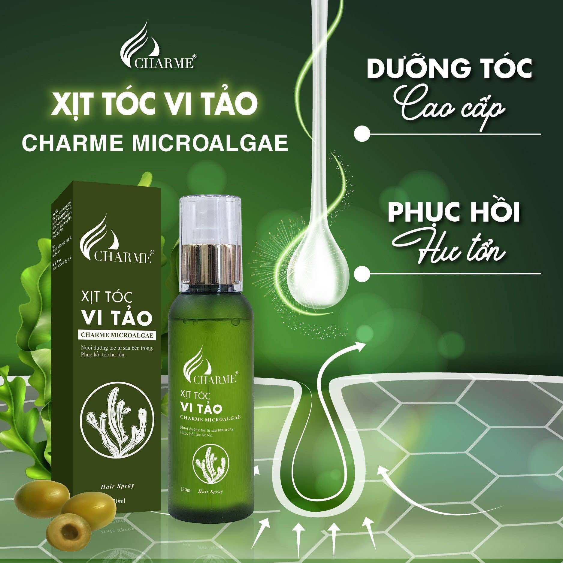 Combo gội xả vi tảo kèm xịt tóc cha.rme( combo 3 món )