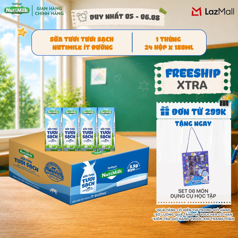 Thùng 24 Hộp Sữa Tươi Tươi Sạch NutiMilk Ít Đường Hộp 180ml