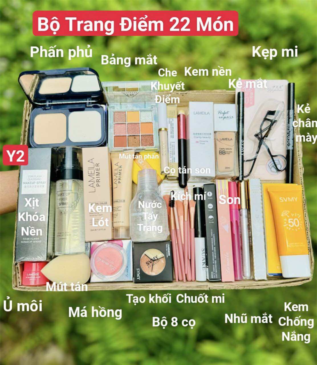 Bộ trang điểm [22 món Y2] combo makeup đầy đủ phấn mắt + phấn phủ + phấn má + kem nền +kem chống nắng + má hồng + mascara + son + bộ cọ +chì mày Bộ Y2