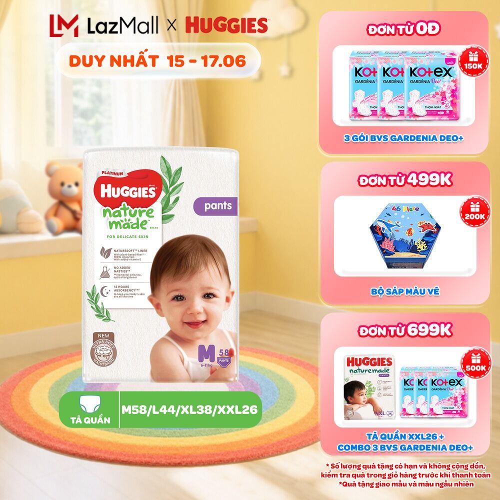 Tã/Bỉm quần Huggies NatureMade Platinum M58/ L44/ XL38/ XXL26/ XXXL28