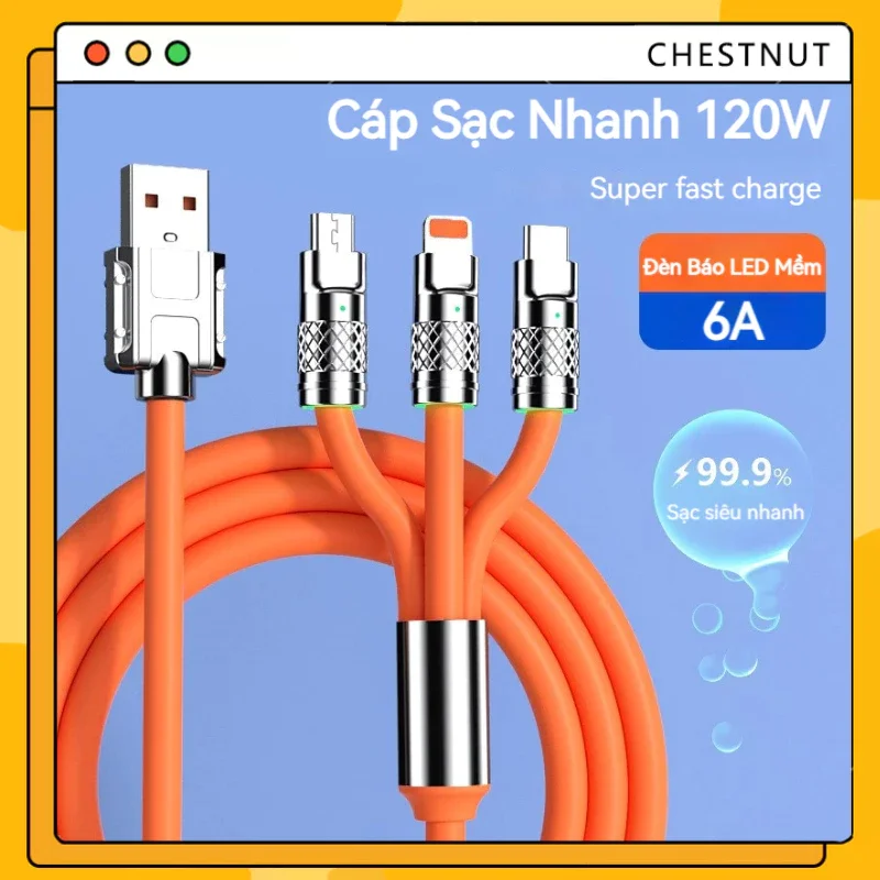 cáp sạc nhanh 120w 3 đầu tiện dụng