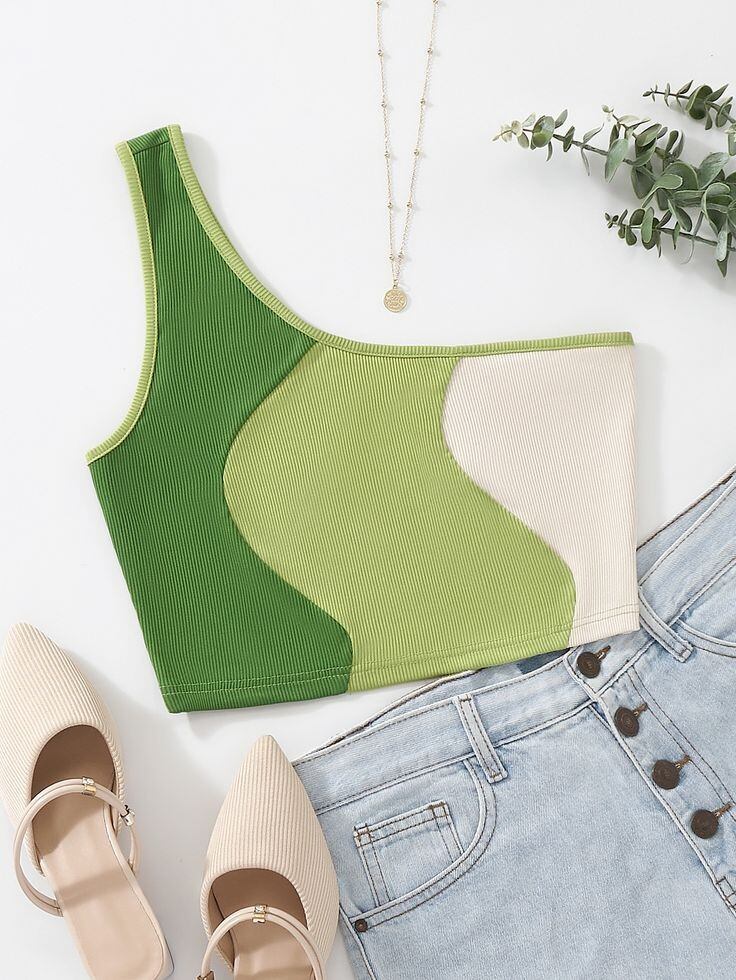 Áo croptop XANH lệch vai phối 3 màu