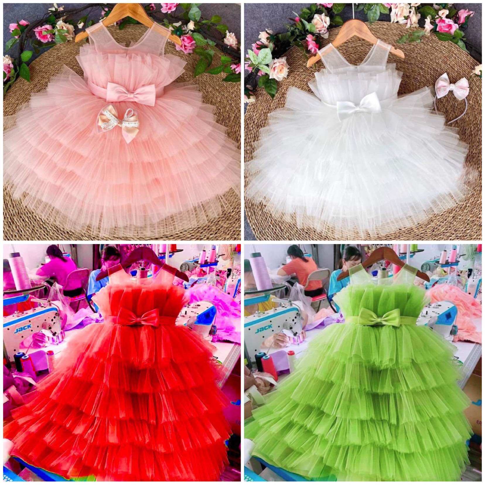 Váy công chúa tầng xoè đính nơ xinh cho bé