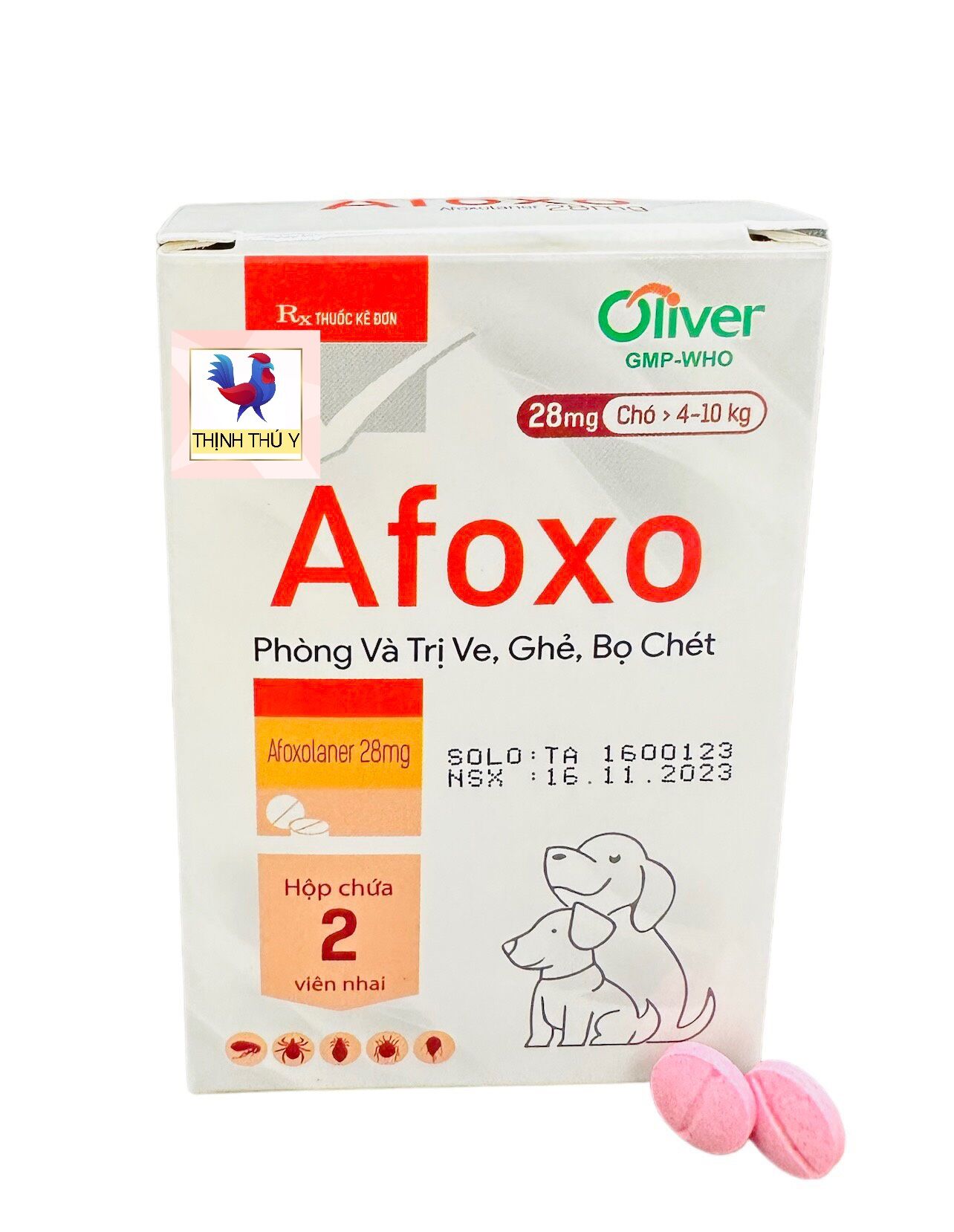 Oliver Afoxo (Hộp 2 viên) - Viên nhai hoạt chất Afoxolaner. Phòng và tr.i ve, ghẻ, bọ chét, demodex, sarcoptes trên chó mèo (Kèm tài liệu cơ bản về kí sinh trùng)