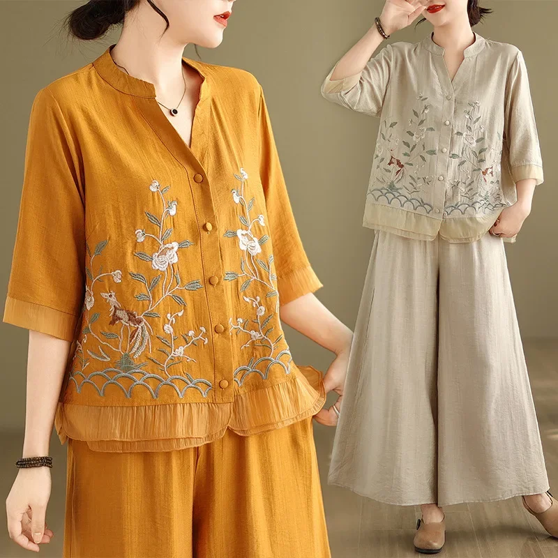 Bộ Trang Phục Hai Mảnh Mùa Hè Phong Cách Trung Quốc Gồm Áo Thun Cotton Linen Thêu Cổ Đứng Tay Ngắn Và Quần Ống Rộng