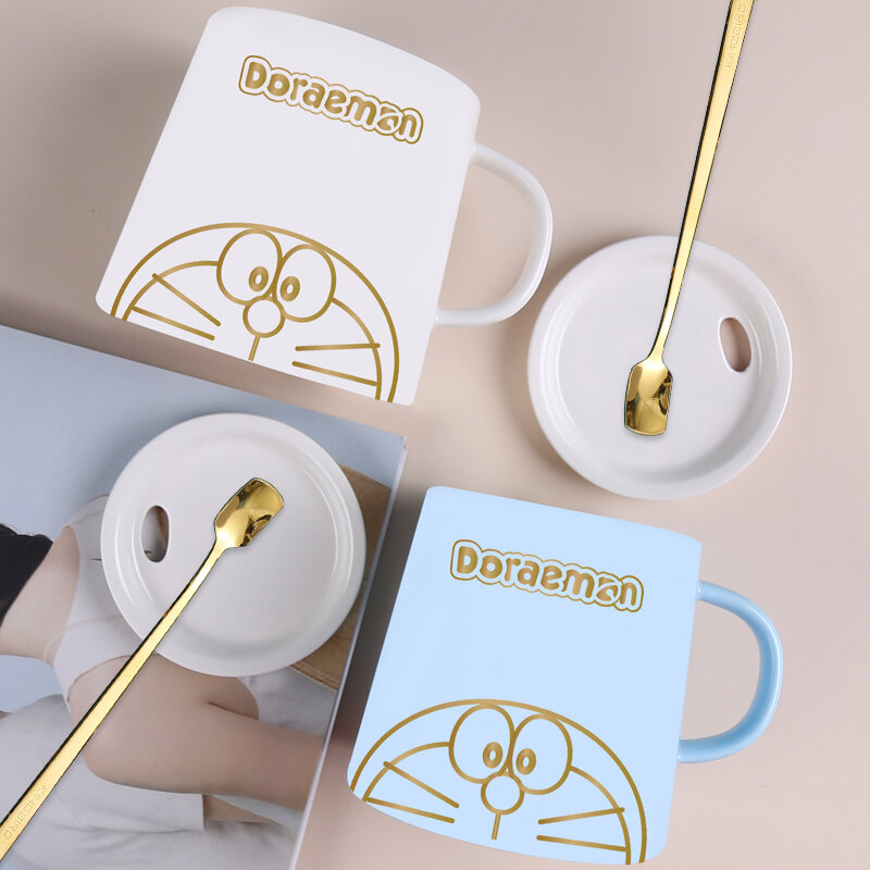 Cốc mug gốm sứ kèm thìa nắp cốc nước doraemon cốc đôi cặp đôi cốc cà phê trào lưu cá tính sáng tạo