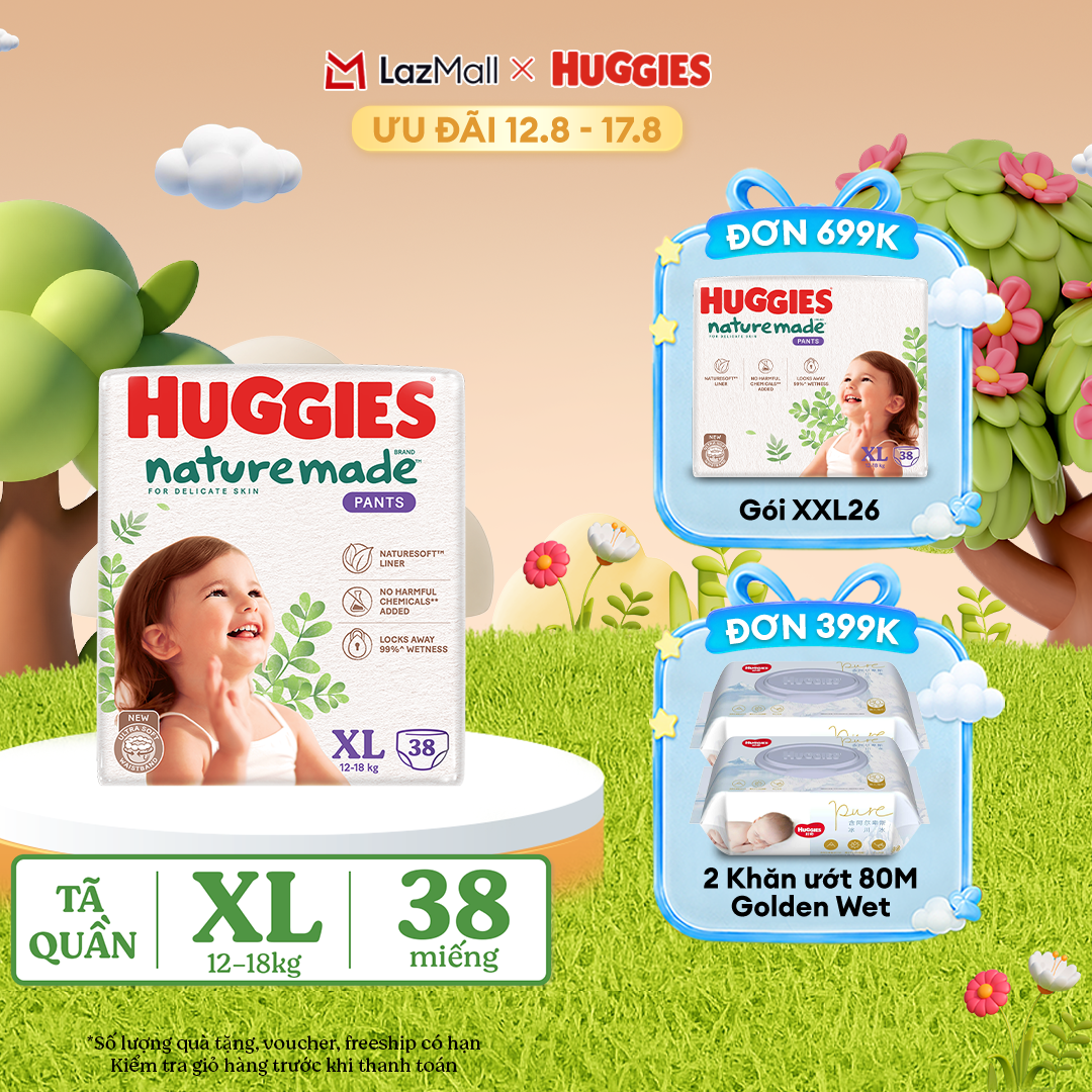 [12-17.08 QUÀ TẶNG ĐƠN 399K] Tã/Bỉm quần HUGGIES PLATINUM NatureMade XL38 (12-18kg)-Gói Jumbo 38 miếng
