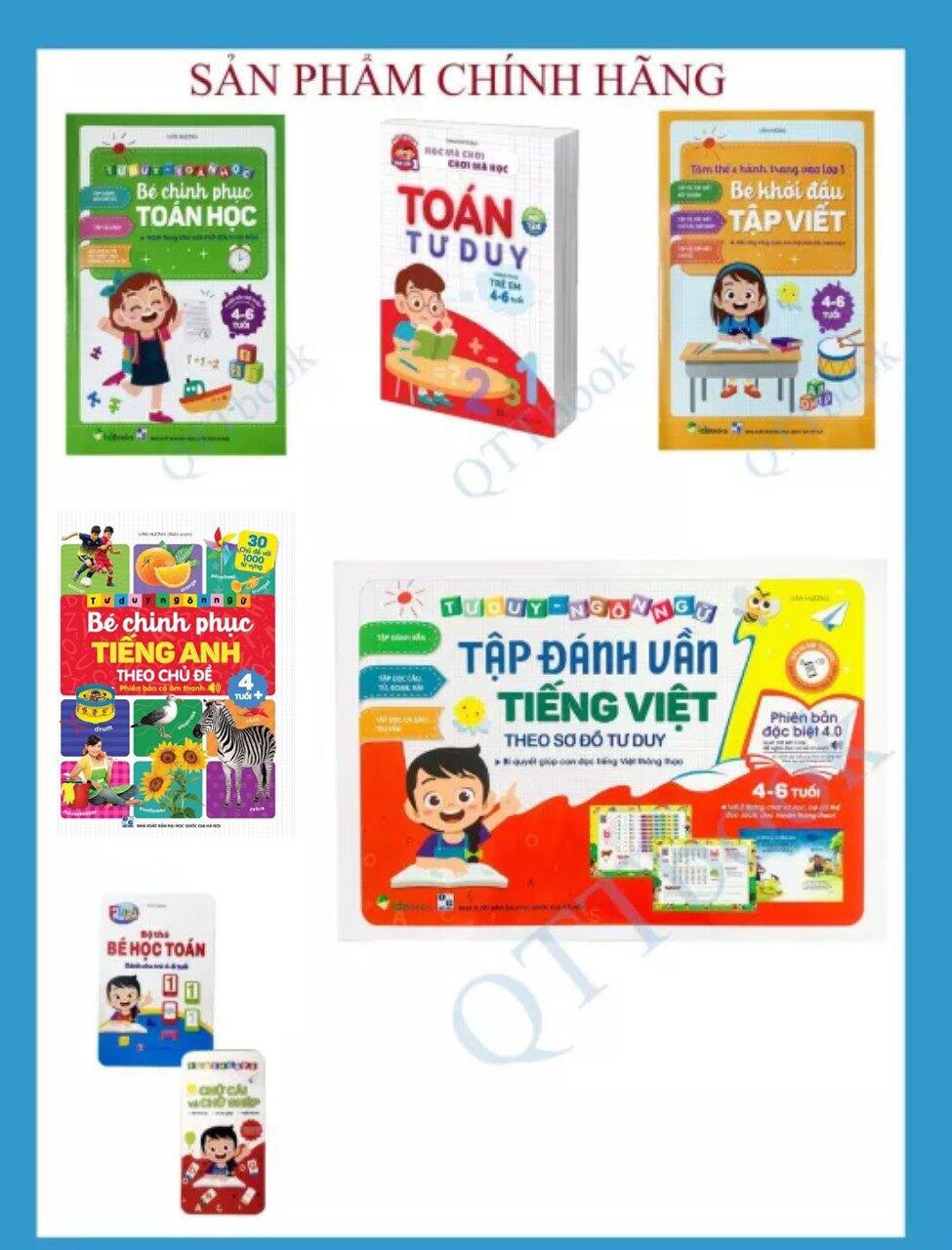 SÁCH - combo 5 quyển : tập đánh vần theo sdtd phiên bản 4.0 + bé chinh phục toán học+ bé khởi đầu tập viết + bé chinh phục tiếng anh + toán tư duy 4-6 tuổi+ tặng kèm bộ thẻ bé học toán và bộ chữ cái, chữ ghép 