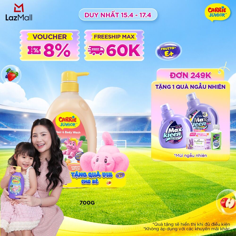 [TẶNG KÈM Voi bông | màu ngẫu nhiên] Chai Sữa Tắm Gội Cho Bé Carrie Junior Yoghurt chiết xuất trái cây thiên nhiên hương Mơ Tây 700g