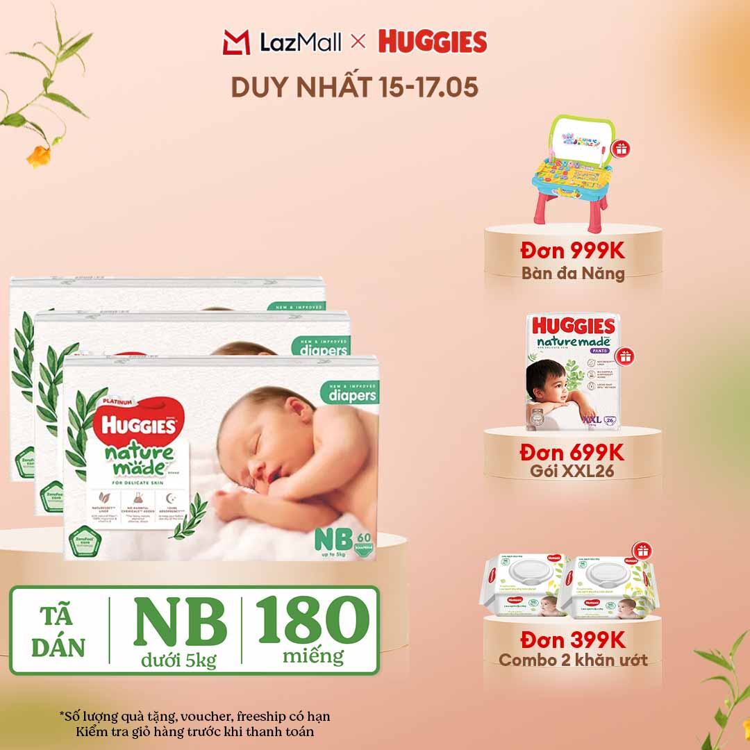 [CHỈ 15-17.05 QUÀ TẶNG ĐƠN 399K](Mua 1 tặng 1) Combo 3 Tã/Bỉm dán sơ sinh Huggies Platinum NatureMade NB60 (dưới 5kg)-Gói Jumbo 60 miếng