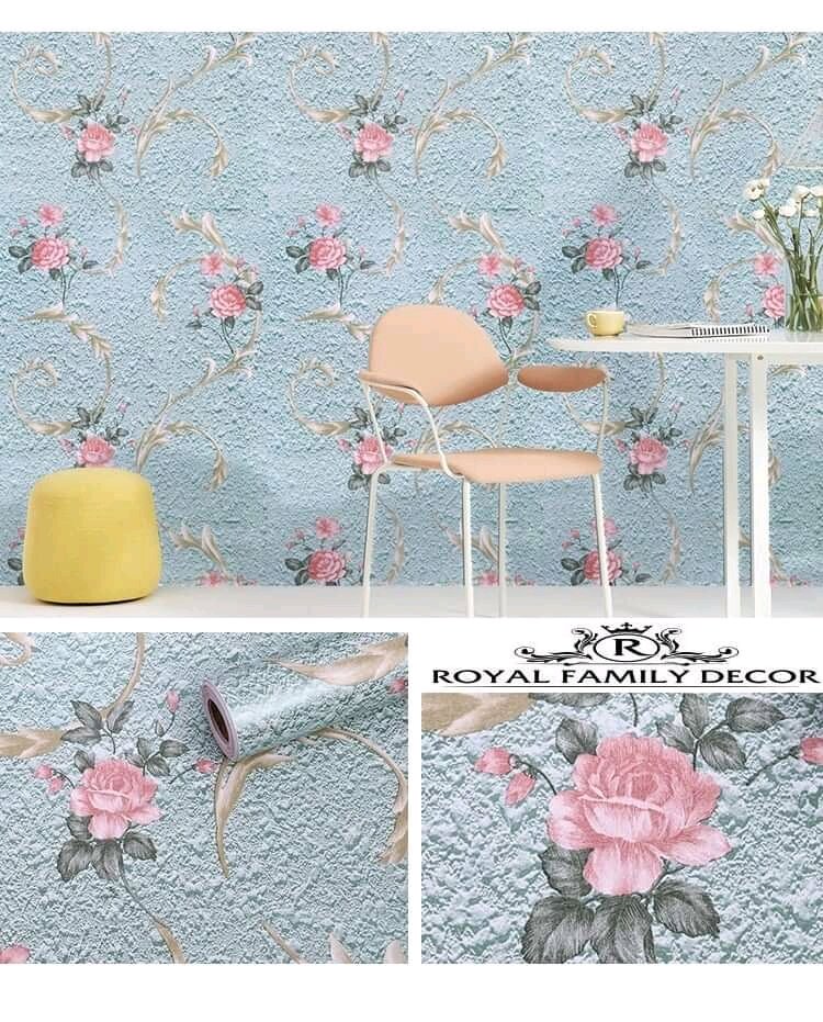 Giấy dán tường hoa hồng trên nền xanh đá khổ 45cm x 10m có keo sẵn