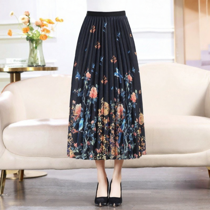 Váy Xếp Ly Phong Cách Trung Hoa Mới Cho Nữ Mùa Xuân 2024 Váy Dài Chữ a Cạp Cao Họa Tiết Hoa Polyester Mới
