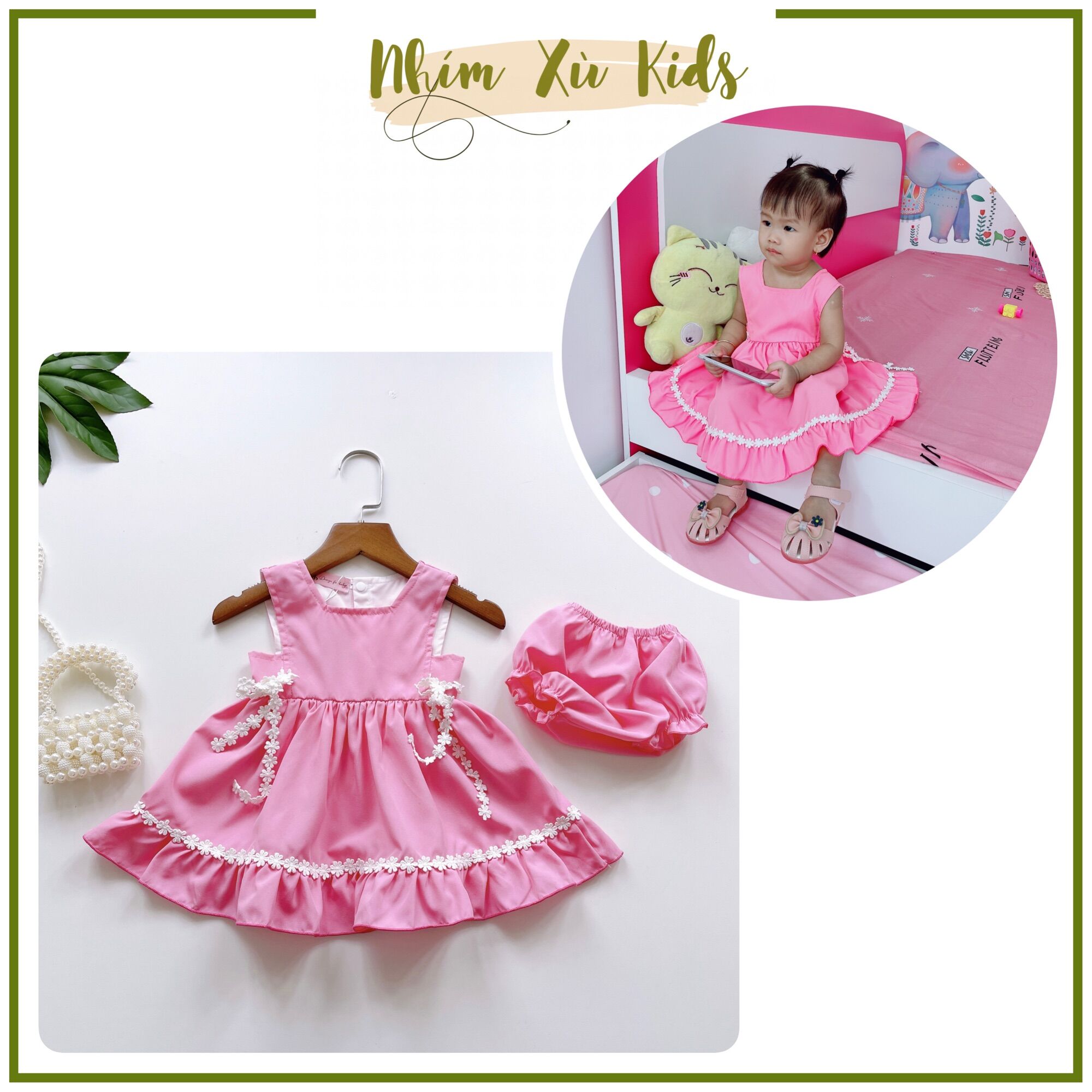 (3-12kg) Váy Hồng Đào Chất Lụa Nến NHÍM XÙ KIDS Cho Bé Gái Cho Bé Gái Sơ Sinh, Thôi Nôi, 2 Tuổi V027