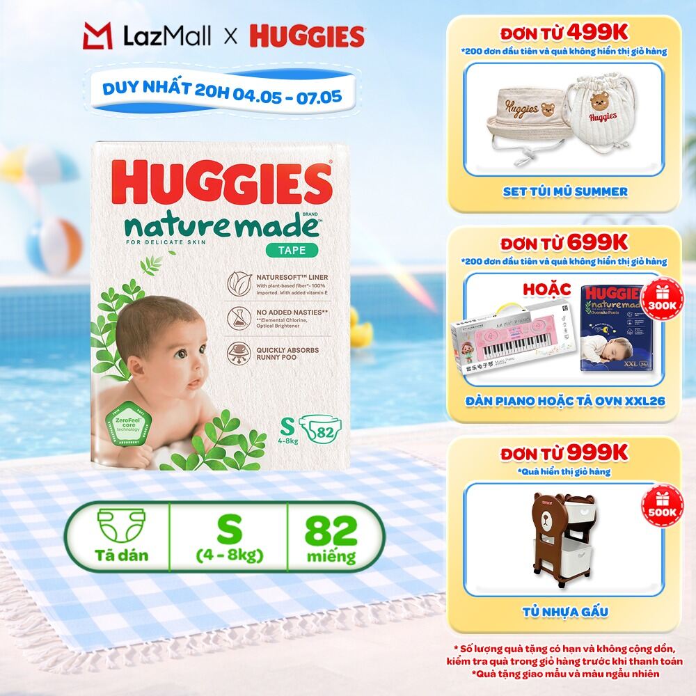 Tã/Bỉm dán sơ sinh Huggies NatureMade Super Jumbo NB60/S82