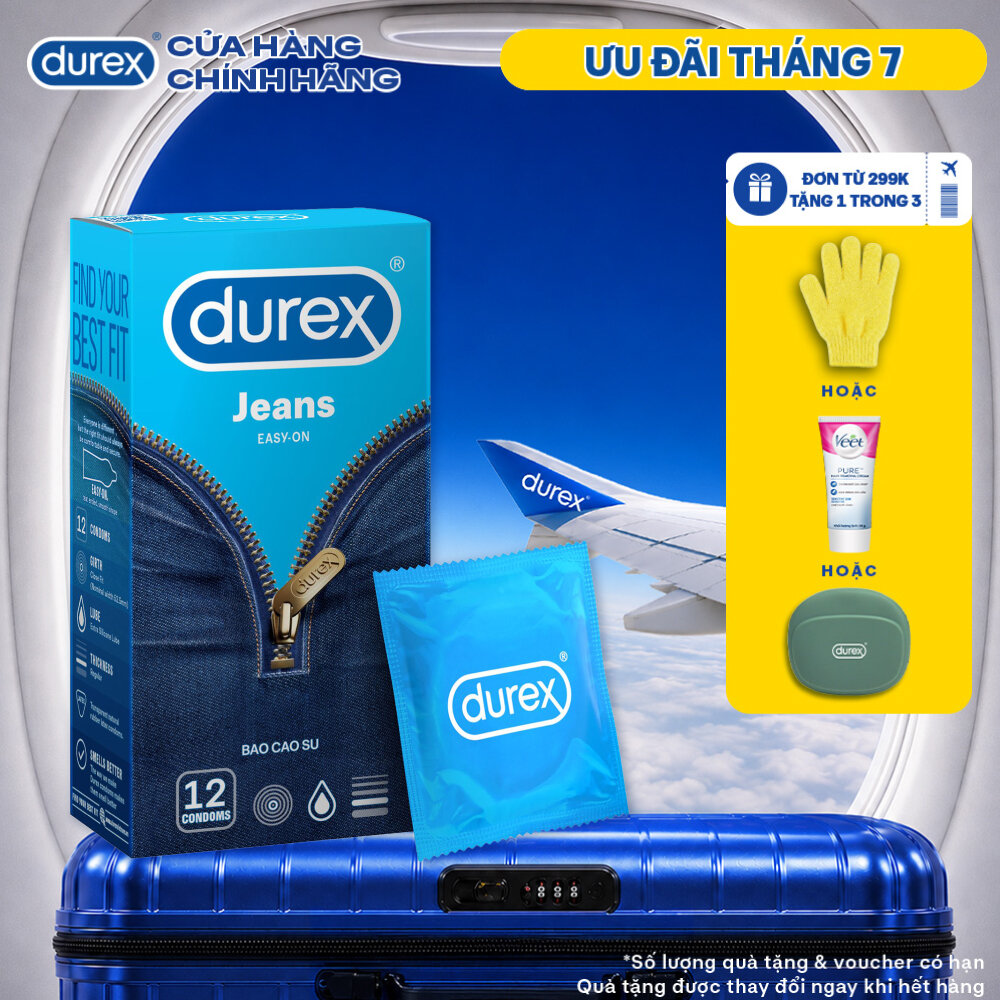 Bao cao su Durex Jeans cơ bản, bôi trơn, size 52.5mm, hộp 12 bao