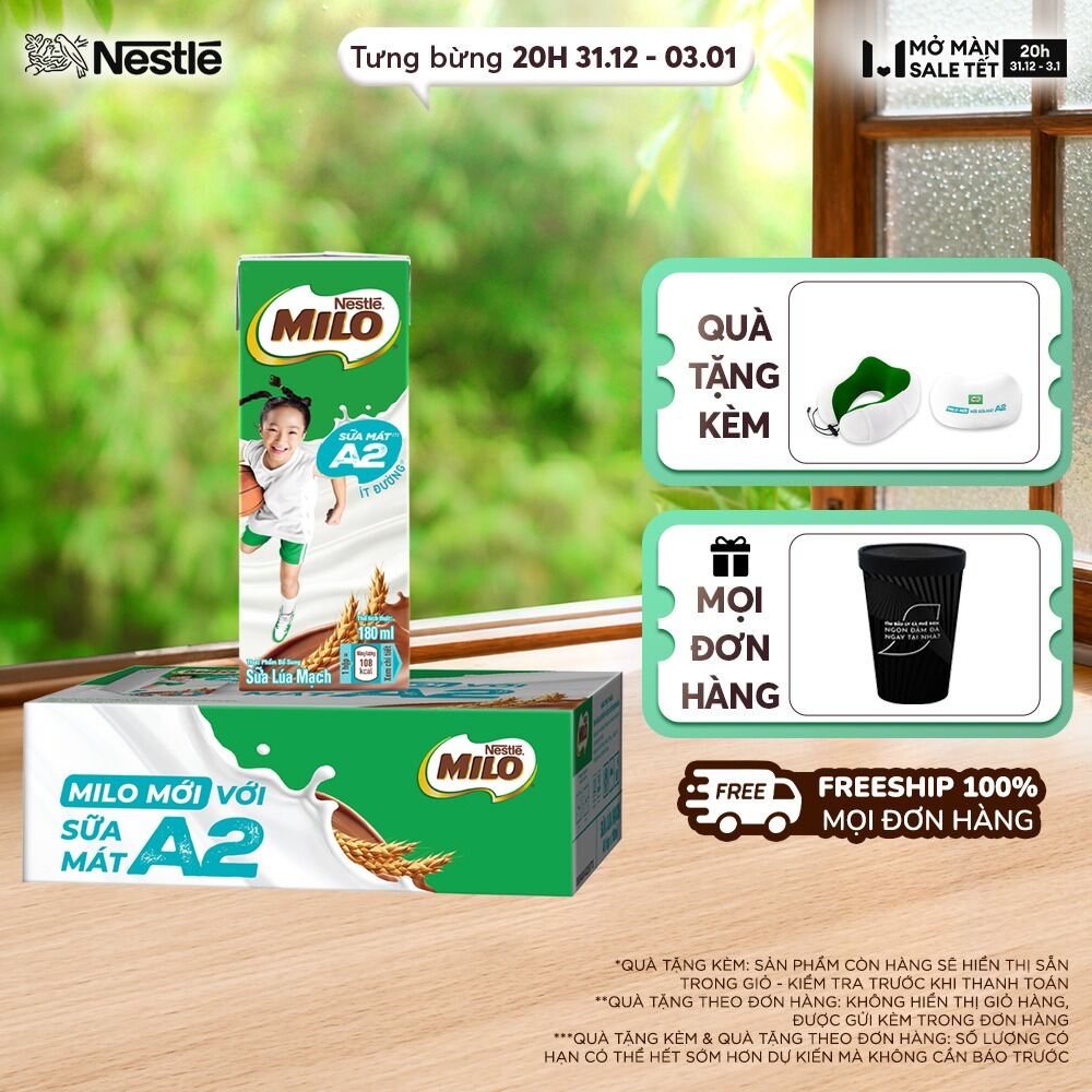  ƯU ĐÃI THÁNG 1   FREESHIP HCM  Thùng Sữa Lúa Mạch Nestle MILO A2 MỚI 48 hộp  4x180ml  
