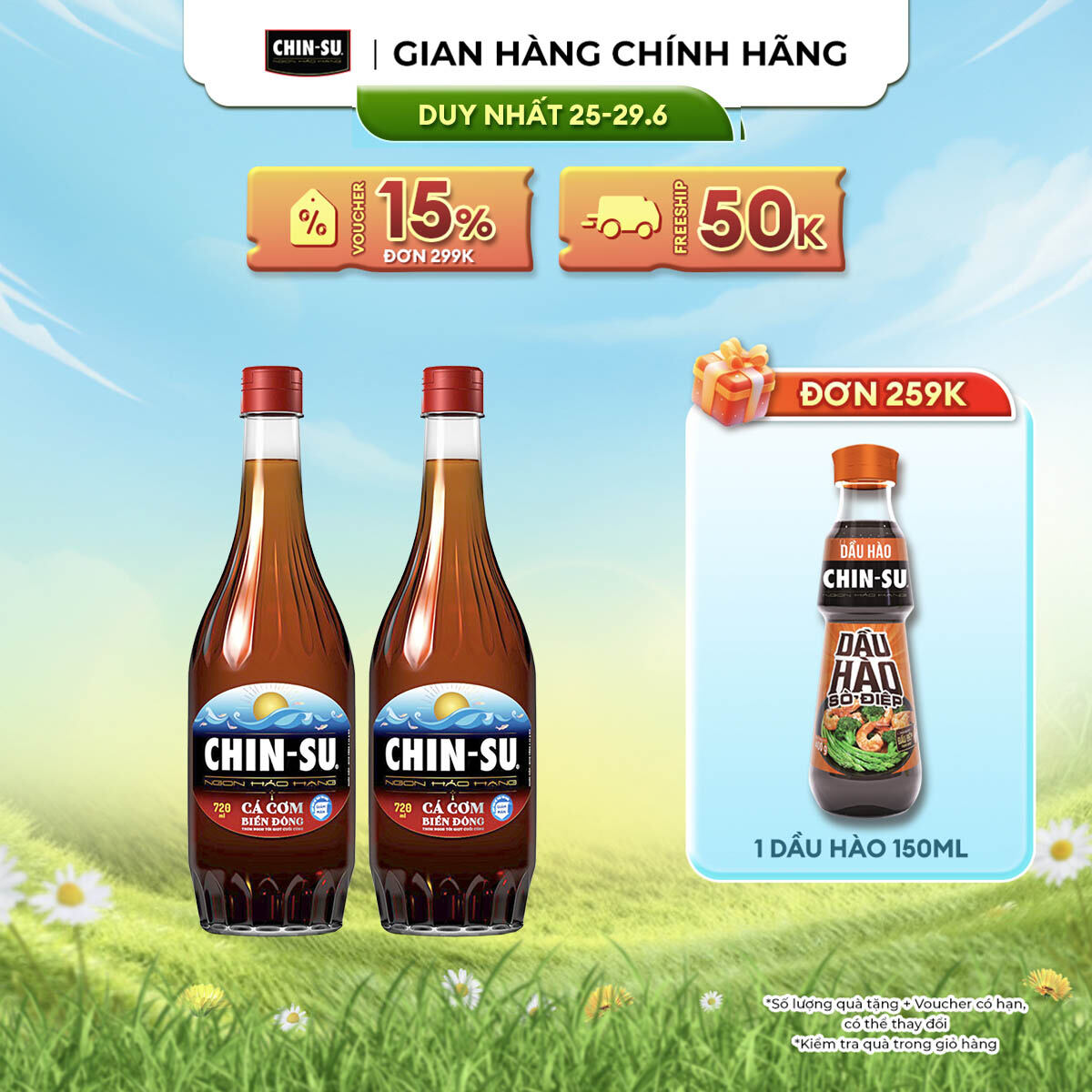 [DUY NHẤT 25-29.06 VOUCHER 18% ĐƠN 249K] Combo 2 Nước Mắm CHIN-SU Cá Cơm Biển Đông Chai 720ml