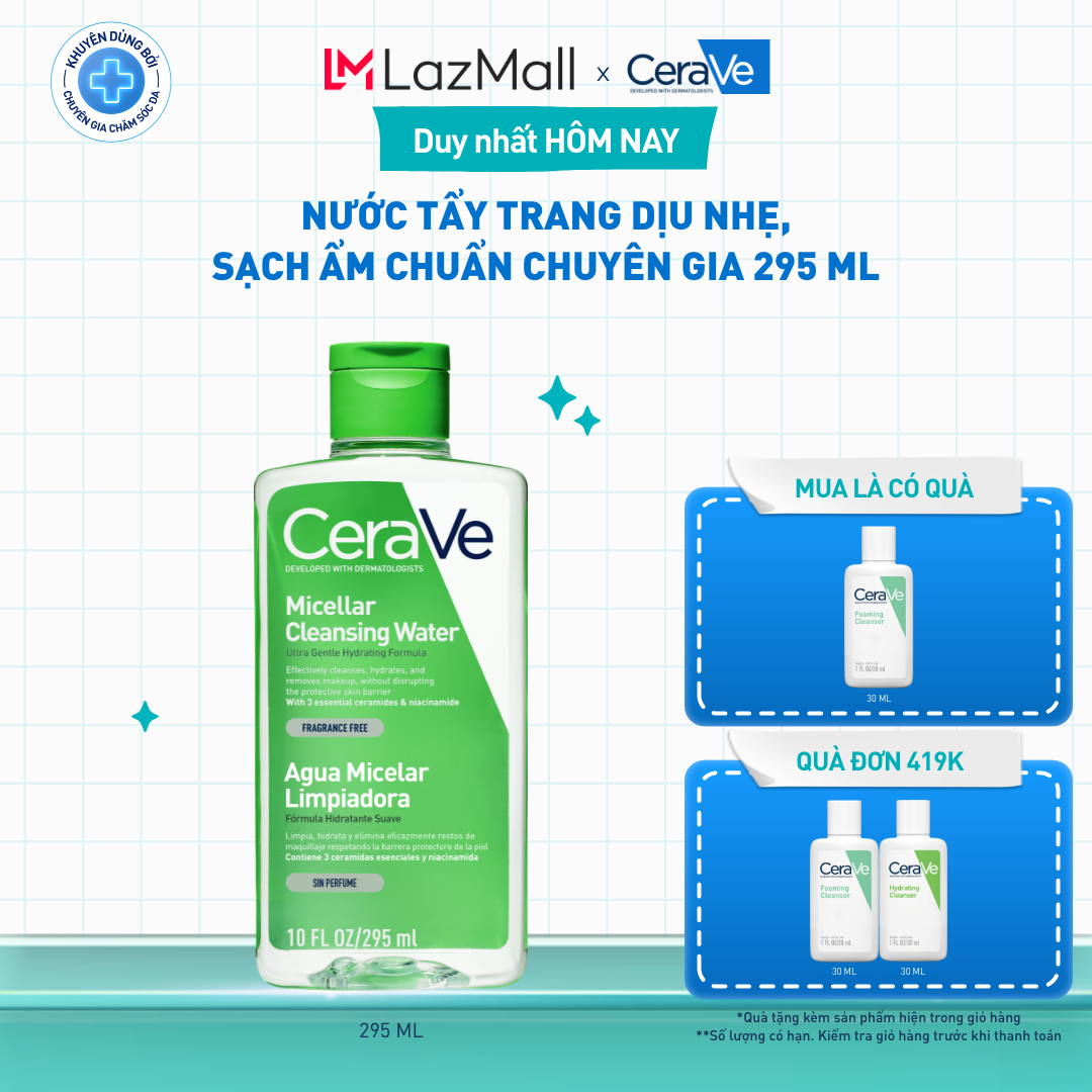 [ĐỘC QUYỀN ONLINE] Nước tẩy trang dịu nhẹ, sạch ẩm chuẩn chuyên gia CeraVe Micellar Cleansing Water 295ml