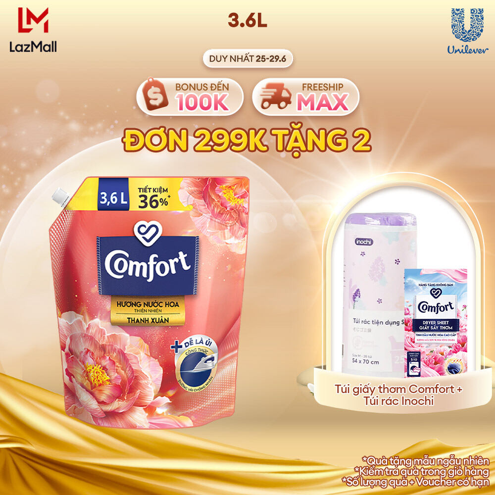 Nước xả làm mềm vải & giảm nhăn Comfort Đậm Đặc Hương Hoa Thiên Nhiên Thanh Xuân 3.6L