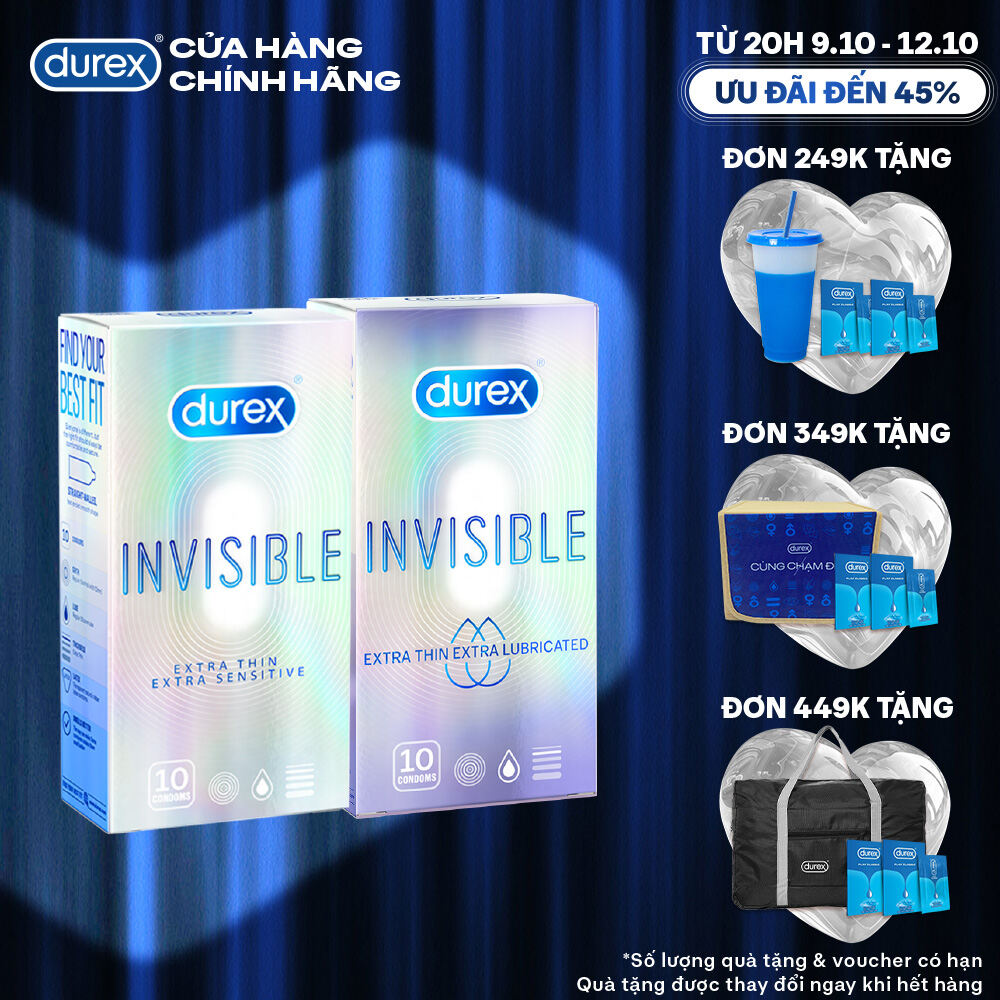 [TỪ 20H | 9-12.10 VOUCHER GIẢM THÊM 8%] BỘ 1 HỘP BAO CAO SU siêu mỏng thêm bôi trơn DUREX INVISIBLE LUBRICATED và 1 HỘP DUREX INVISIBLE EXTRA THIN EXTRA SENSITIVE (52 mm, 10 bao/hộp)