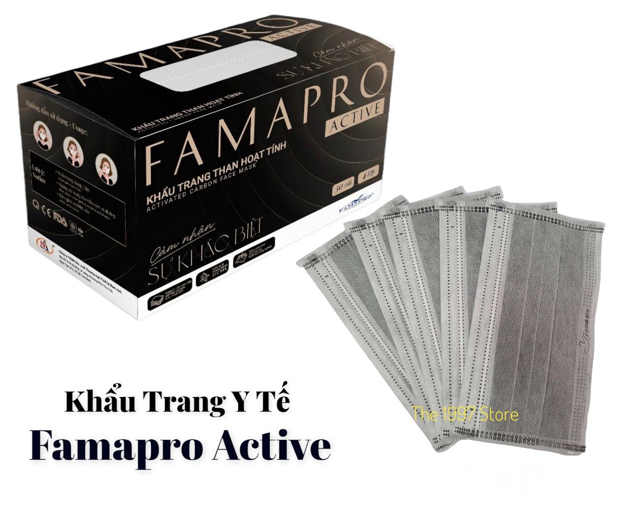 Khẩu trang y tế Famapro 4 lớp giấy kháng khuẩn Active cao cấp hàng công ty Nam Anh hộp 50 chiếc