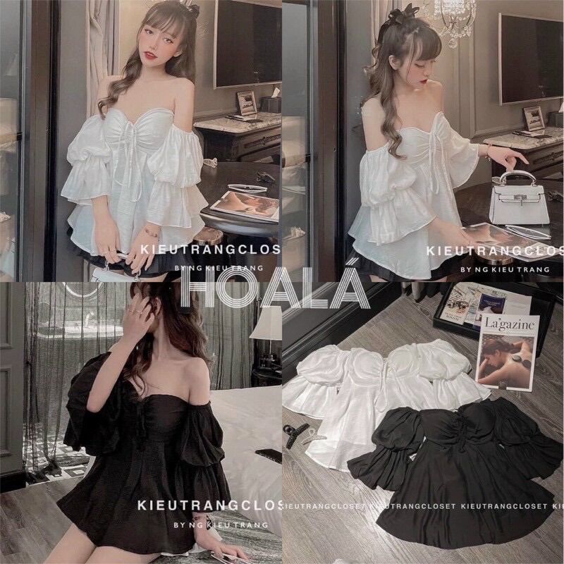 Áo kiểu bệt vai dây rút ngực có mod
