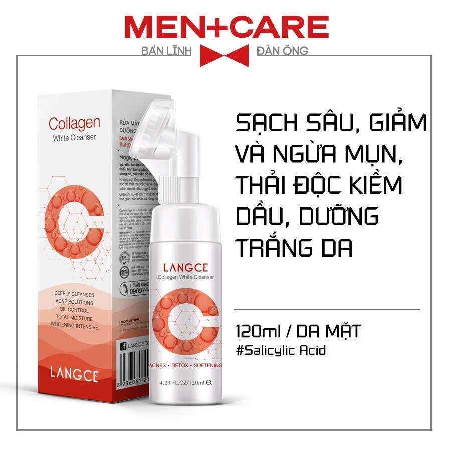 Langce rửa mặt collagen trắng da đầu cọ massage 120ml cho nam