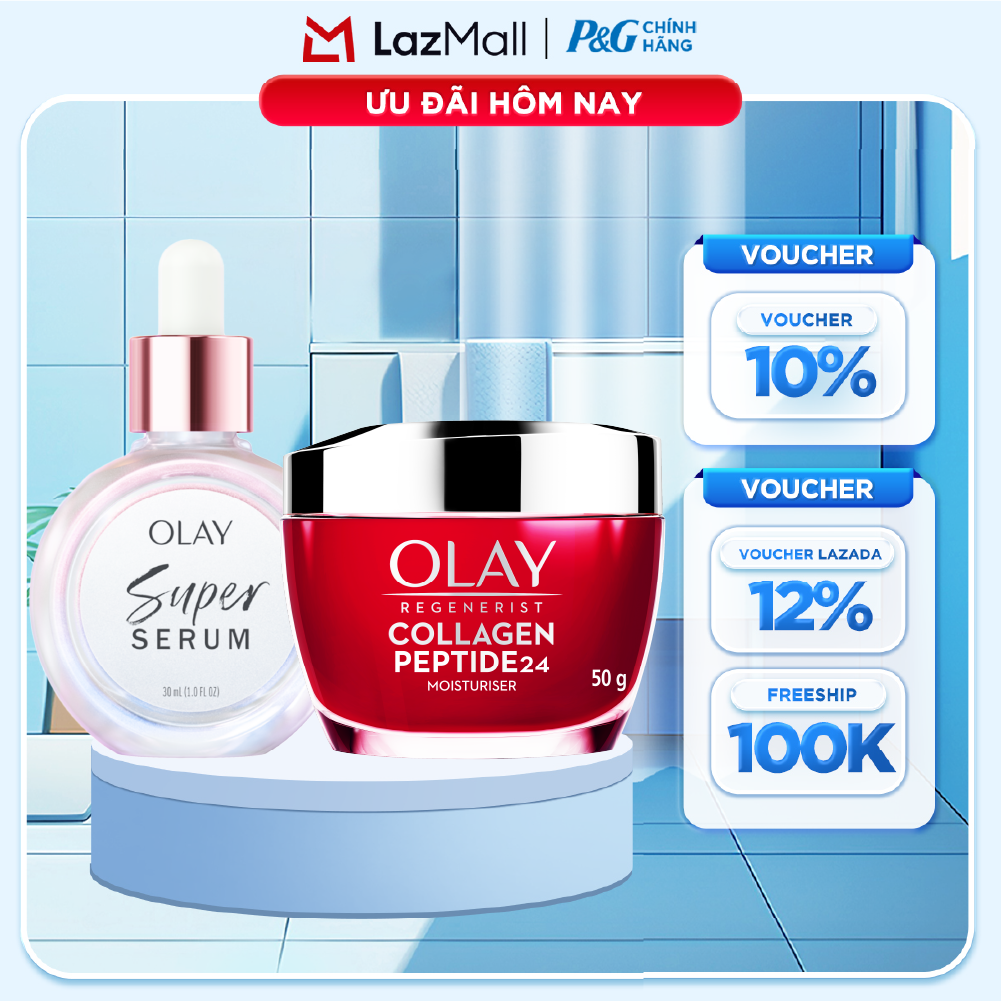 Combo 2 SUPER SERUM OLAY SỨC MẠNH TỪ 5 DƯỠNG CHẤT TRONG 1 - Chai 30ML Và Kem Dưỡng Ẩm OLAY COLLAGEN Peptide24 50G
