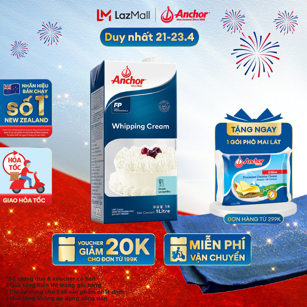 [GIẢM 20K ĐƠN 199K + GIẢM 20K PHÍ SHIP ĐƠN 99K - GIAO HÀNG HỎA TỐC - HCM] Kem sữa tươi tiệt trùng Anchor Whipping cream hộp 1 lít