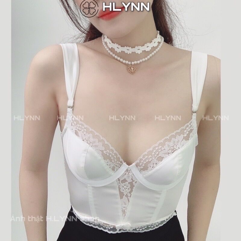M155Áo corset hai dây lụa bóng phối ren có gọng mút