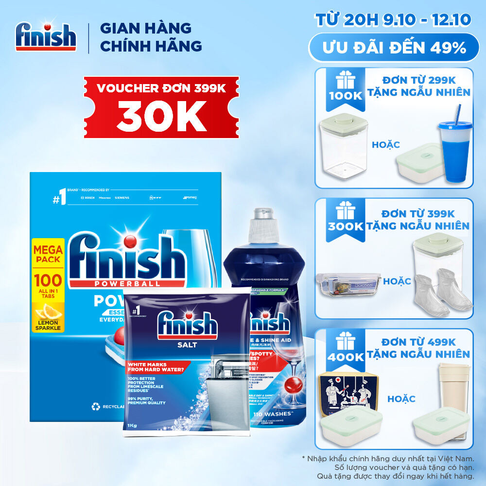 Combo Finish tiện lợi 2: Hộp 100 Viên Rửa Bát Finish Essential + Nước Làm Bóng 500ml + Muối Rửa Chén