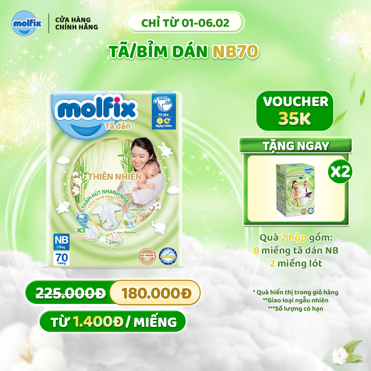 [Tặng 2 hộp quà sơ sinh] Tã/bỉm dán sơ sinh Molfix Thiên nhiên Jumbo Newborn (dưới 5kg) - Gói 70 miế