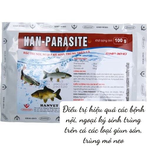 [ THUỶ SẢN ] 1 gói HAN - PARASITE 100g điều tr.ị hiệu quả các bệnh nội, ngoại ký sinh trùng trên cá như: các loại giun tròn, sán lá đơn chủ, sán lá gan, sán dây, trùng mỏ neo, trùng bánh xe, trùng quả dưa, rận cá